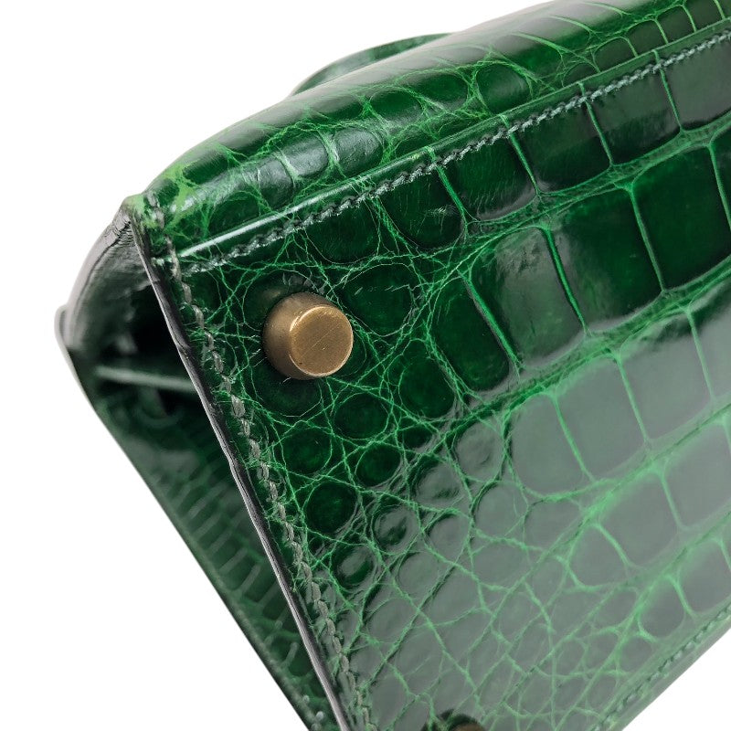 エルメス HERMES ケリー28 外縫い □N刻 グリーン ゴールド金具 アリゲーターリセ レディース ショルダーバッグ
