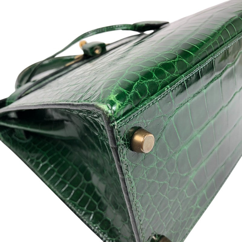 エルメス HERMES ケリー28 外縫い □N刻 グリーン ゴールド金具 アリゲーターリセ レディース ショルダーバッグ