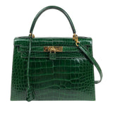 エルメス HERMES ケリー28 外縫い □N刻 グリーン ゴールド金具 アリゲーターリセ レディース ショルダーバッグ