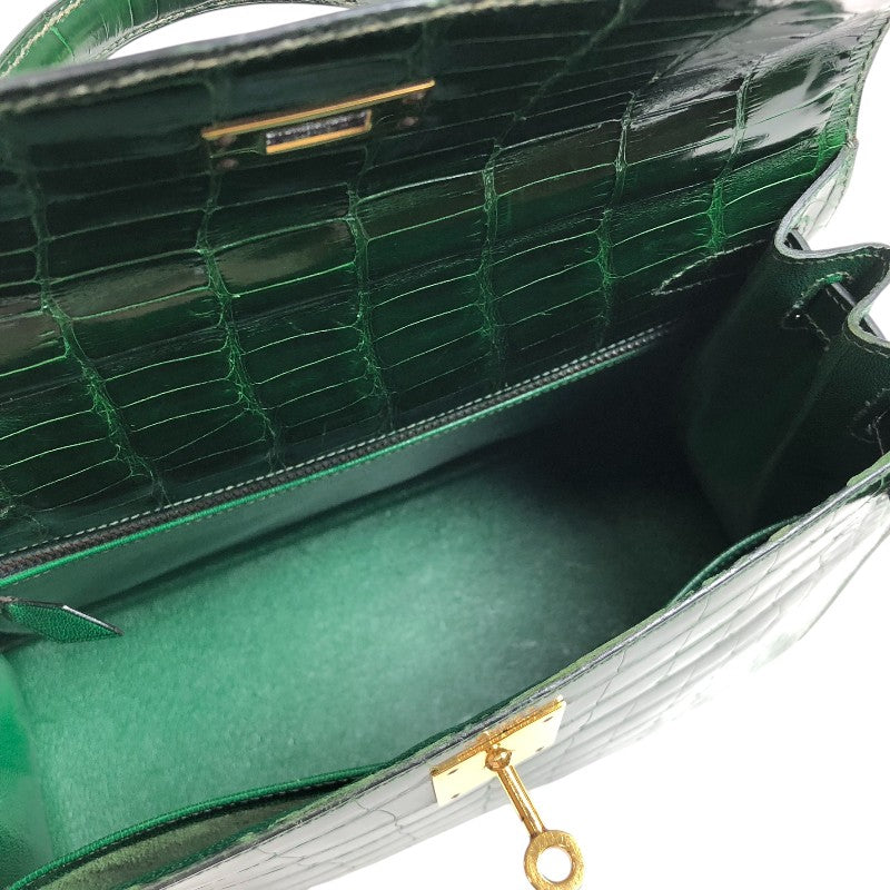 エルメス HERMES ケリー28 外縫い □N刻 グリーン ゴールド金具 アリゲーターリセ レディース ショルダーバッグ