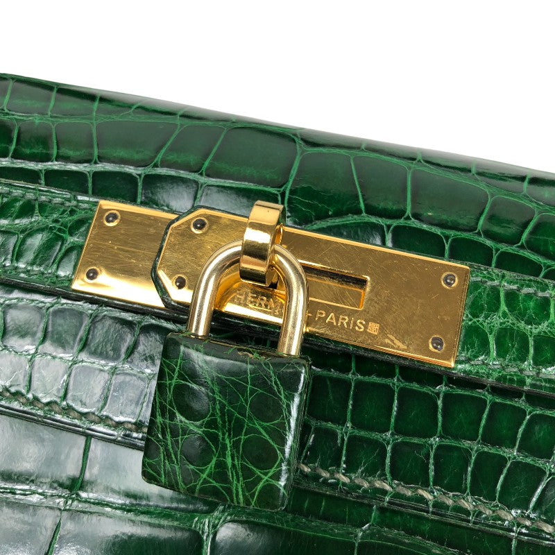 エルメス HERMES ケリー28 外縫い □N刻 グリーン ゴールド金具 アリゲーターリセ レディース ショルダーバッグ