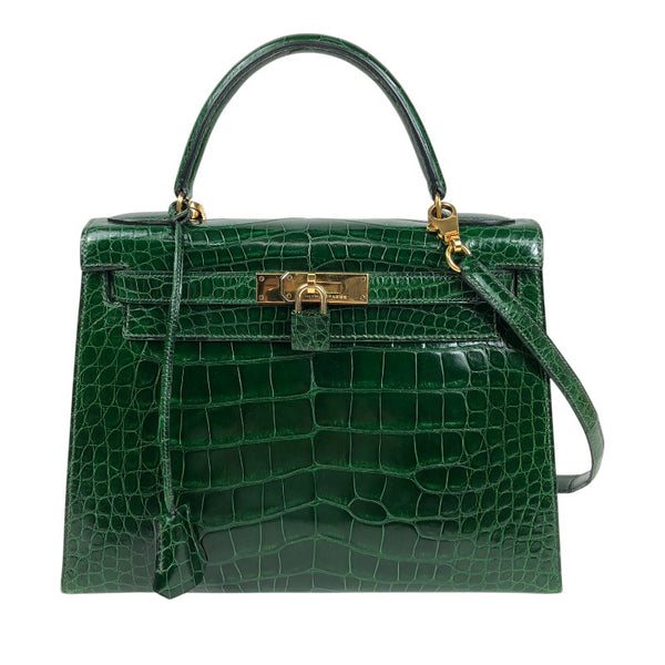 エルメス HERMES ケリー28 外縫い □N刻 グリーン ゴールド金具 アリゲーターリセ レディース ショルダーバッグ