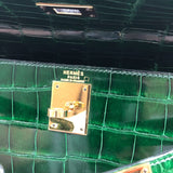 エルメス HERMES ケリー28 外縫い □N刻 グリーン ゴールド金具 アリゲーターリセ レディース ショルダーバッグ