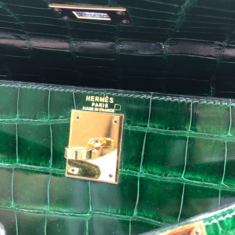エルメス HERMES ケリー28 外縫い □N刻 グリーン ゴールド金具 アリゲーターリセ レディース ショルダーバッグ