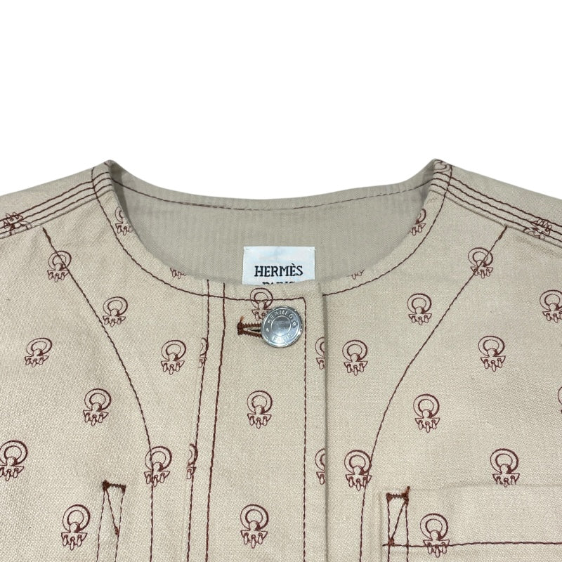 エルメス HERMES コリエドシアン総柄ノーカラージャケット 2E0254DS ベージュ コットン レディース ノーカラージャケット