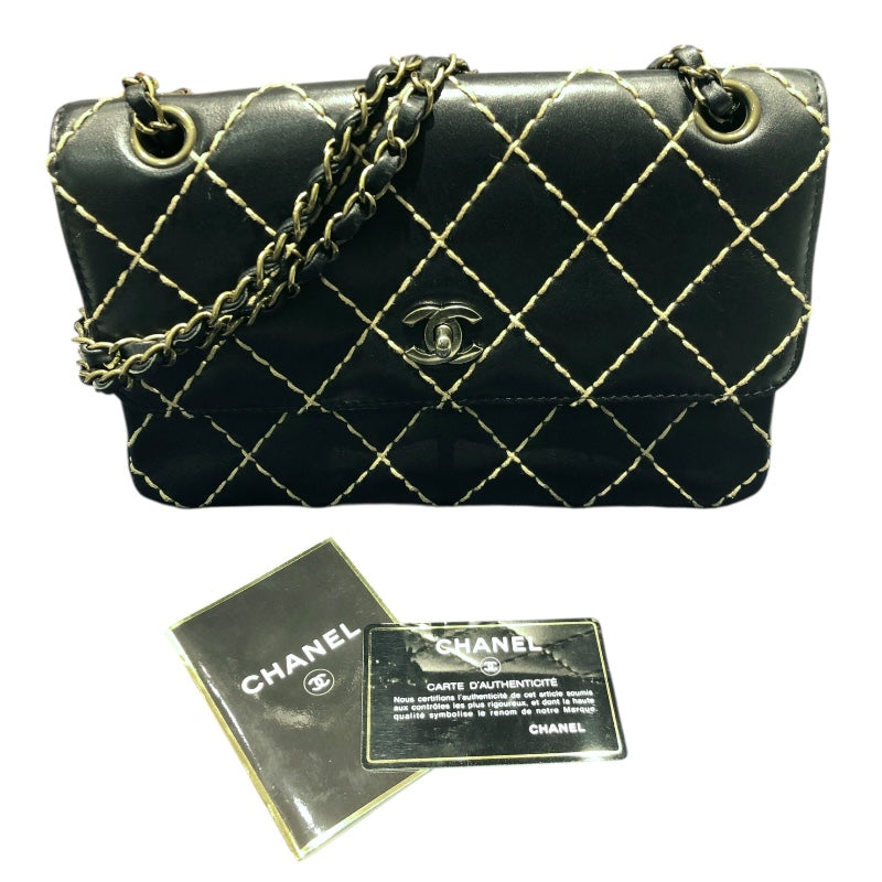 シャネル CHANEL チェーンショルダー ワイルドステッチ ブラック カーフ レディース ショルダーバッグ