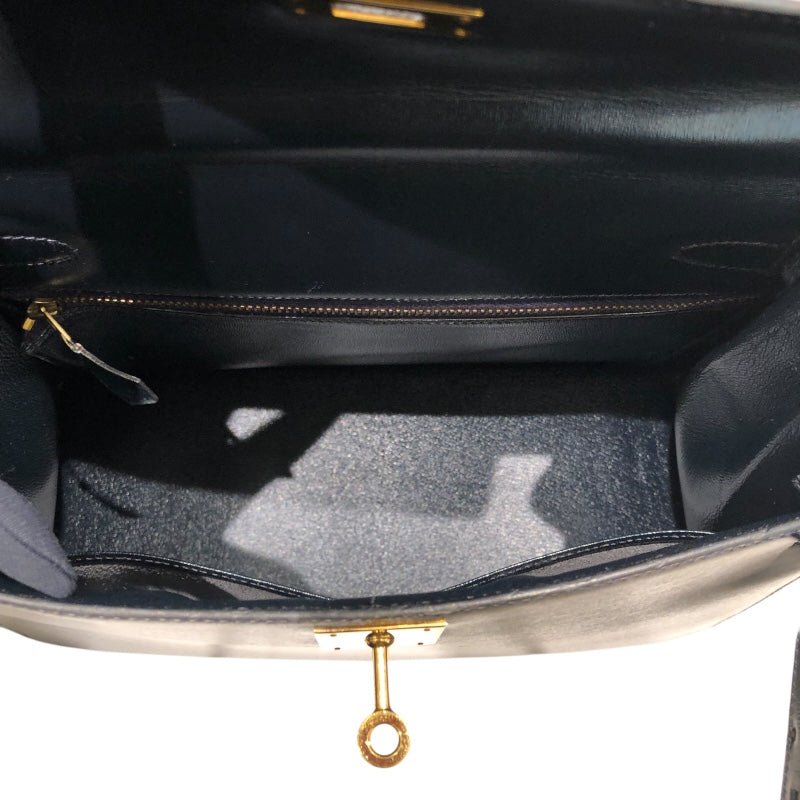 エルメス HERMES ケリー28　外縫い 〇T刻 ブルーインディゴ　ゴールド金具 ボックスカーフ レディース ハンドバッグ