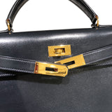 エルメス HERMES ケリー28　外縫い 〇T刻 ブルーインディゴ　ゴールド金具 ボックスカーフ レディース ハンドバッグ