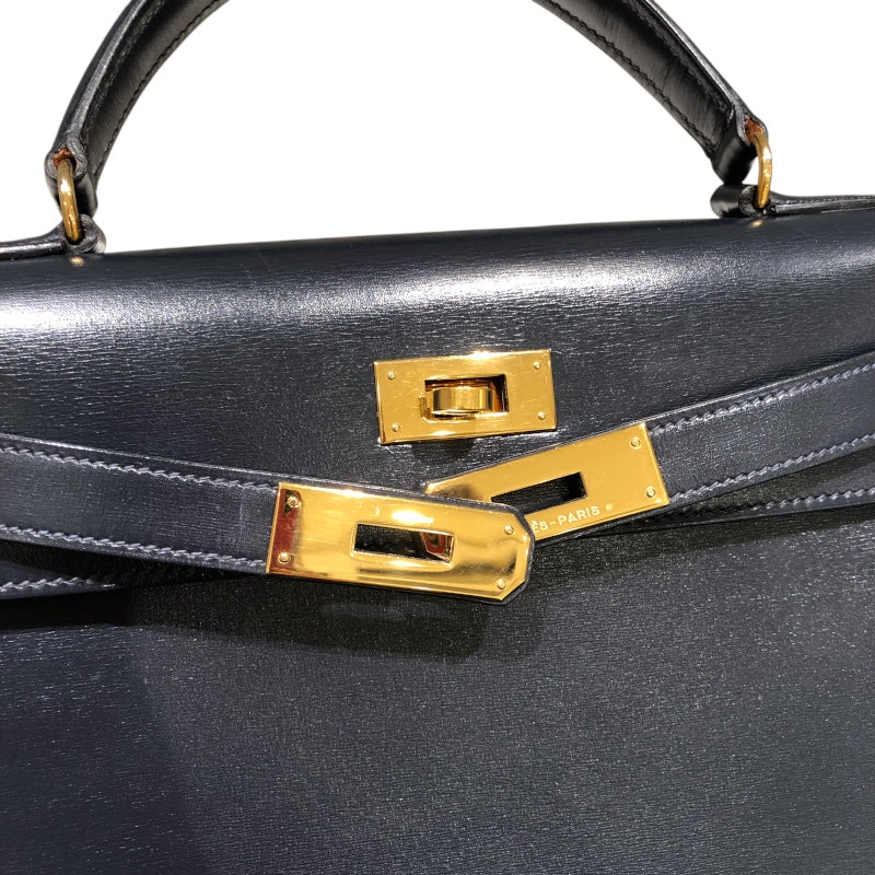 エルメス HERMES ケリー28　外縫い 〇T刻 ブルーインディゴ　ゴールド金具 ボックスカーフ レディース ハンドバッグ