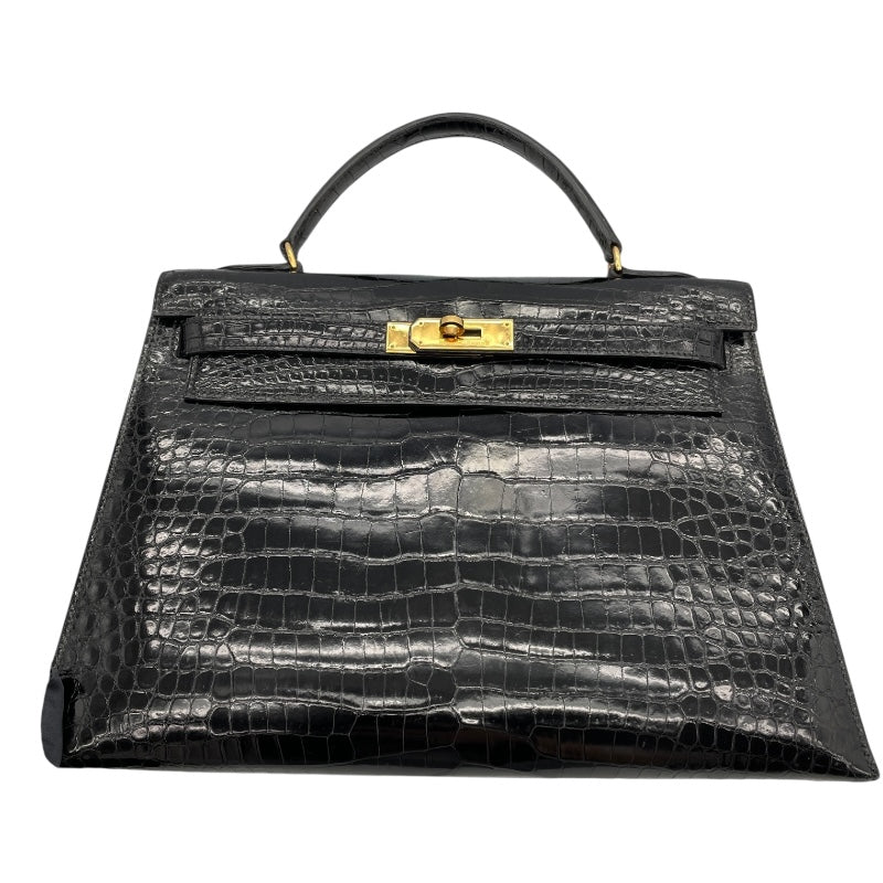 エルメス HERMES ケリー32 外縫い 〇S刻（1989年製） ブラック ゴールド金具 クロコポロサス レディース ショルダーバッグ