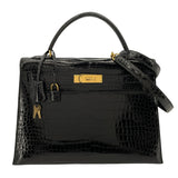 エルメス HERMES ケリー32 外縫い 〇S刻（1989年製） ブラック ゴールド金具 クロコポロサス レディース ショルダーバッグ
