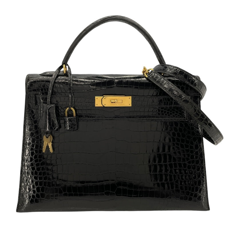 エルメス HERMES ケリー32 外縫い 〇S刻（1989年製） ブラック ゴールド金具 クロコポロサス レディース ショルダーバッグ