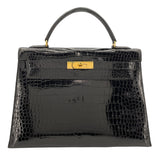 エルメス HERMES ケリー32 外縫い 〇S刻（1989年製） ブラック ゴールド金具 クロコポロサス レディース ショルダーバッグ