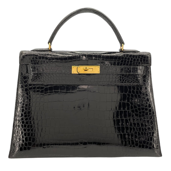 エルメス HERMES ケリー32 外縫い 〇S刻（1989年製） ブラック ゴールド金具 クロコポロサス レディース ショルダーバッグ