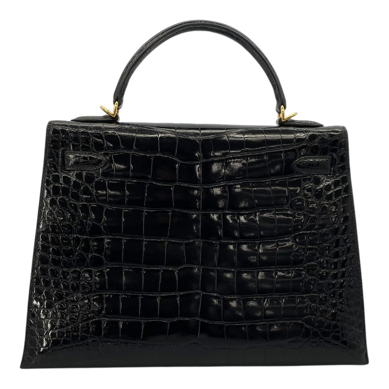 エルメス HERMES ケリー32 外縫い □D刻 ブラック GD金具 アリゲーターリセ レディース ショルダーバッグ