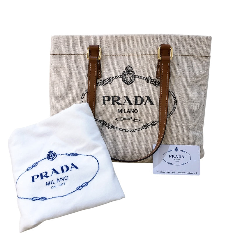 プラダ PRADA ロゴトートバッグ 1BG356 アイボリー/ブラウンGD金具 キャンバス/レザー レディース トートバッグ