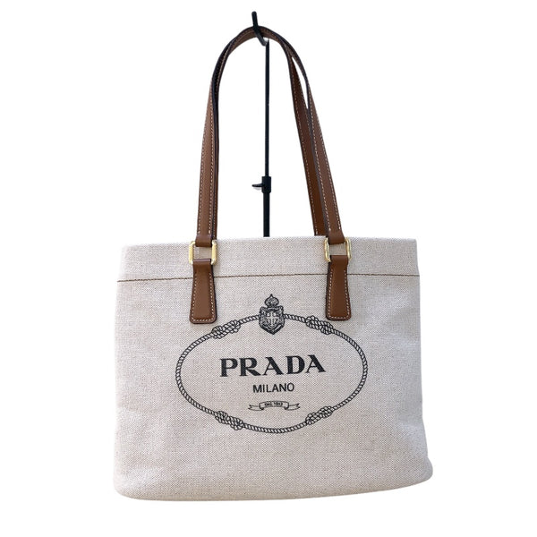 プラダ PRADA ロゴトートバッグ 1BG356 アイボリー/ブラウンGD金具 キャンバス/レザー レディース トートバッグ