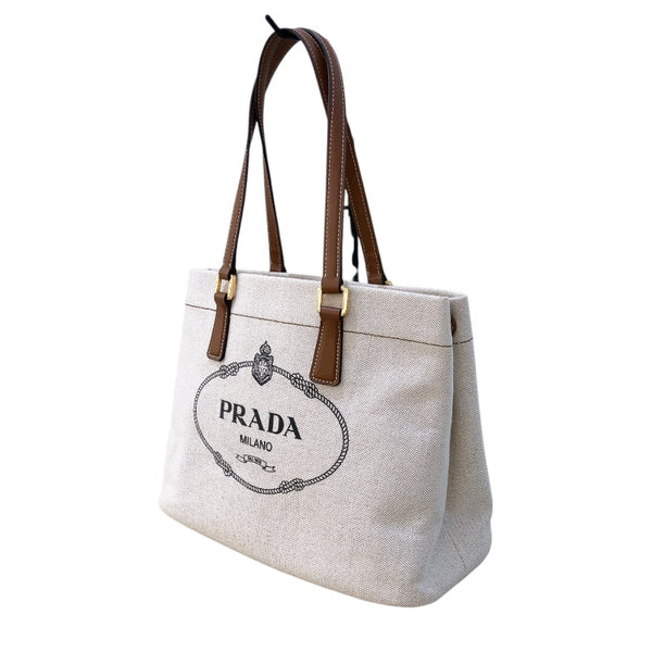 プラダ PRADA ロゴトートバッグ 1BG356 アイボリー/ブラウンGD金具 キャンバス/レザー レディース トートバッグ