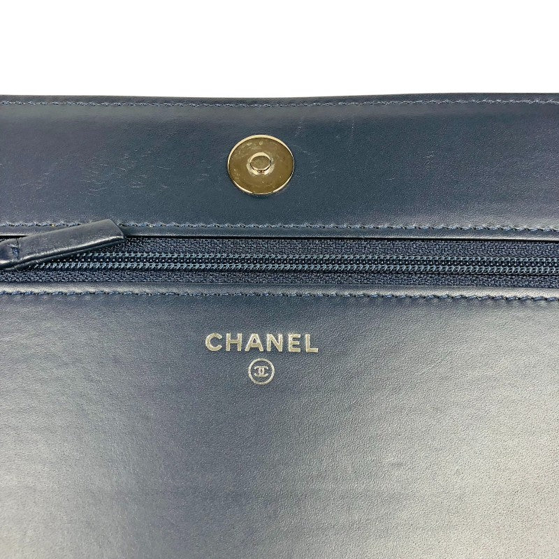 シャネル CHANEL カメリア チェーンウォレット ネイビー シルバー金具 ラムスキン レディース ショルダーバッグ