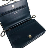 シャネル CHANEL カメリア チェーンウォレット ネイビー シルバー金具 ラムスキン レディース ショルダーバッグ