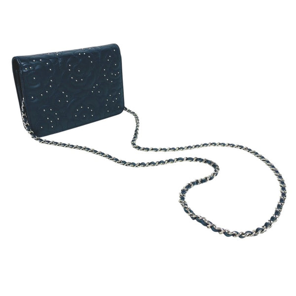 シャネル CHANEL カメリア チェーンウォレット ネイビー シルバー金具 ラムスキン レディース ショルダーバッグ