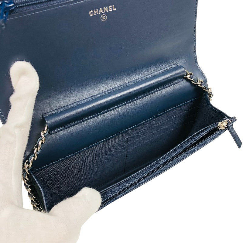 シャネル CHANEL カメリア チェーンウォレット ネイビー シルバー金具 ラムスキン レディース ショルダーバッグ