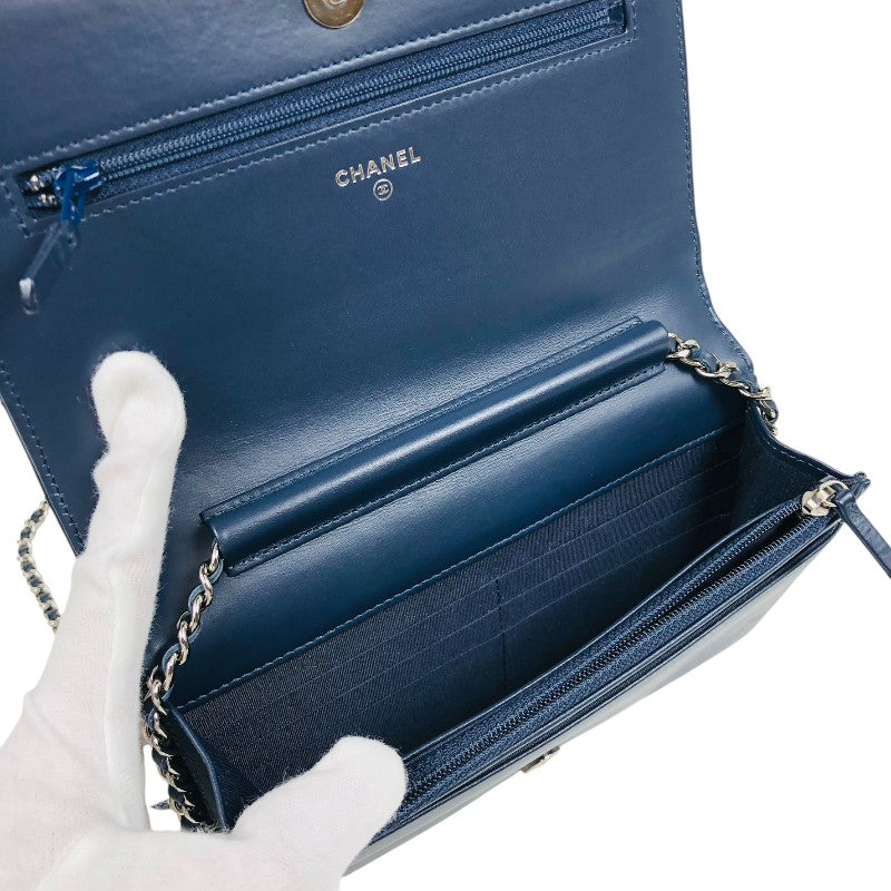 シャネル CHANEL カメリア チェーンウォレット ネイビー シルバー金具 ラムスキン レディース ショルダーバッグ