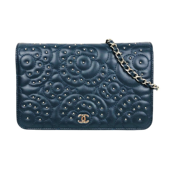 シャネル CHANEL カメリア チェーンウォレット ネイビー シルバー金具 ラムスキン レディース ショルダーバッグ