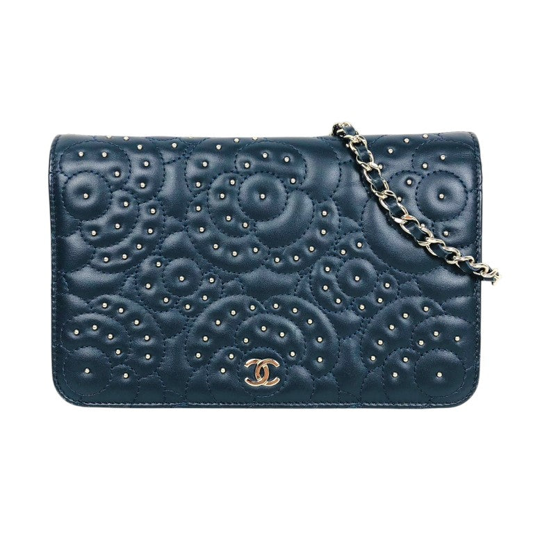 シャネル CHANEL カメリア チェーンウォレット ネイビー シルバー金具 ラムスキン レディース ショルダーバッグ