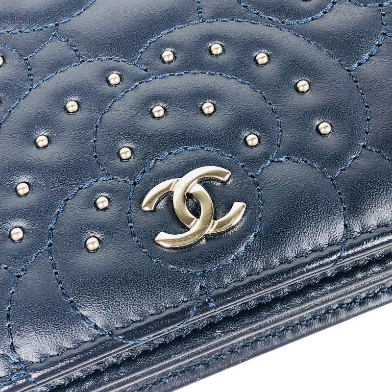 シャネル CHANEL カメリア チェーンウォレット ネイビー シルバー金具 ラムスキン レディース ショルダーバッグ