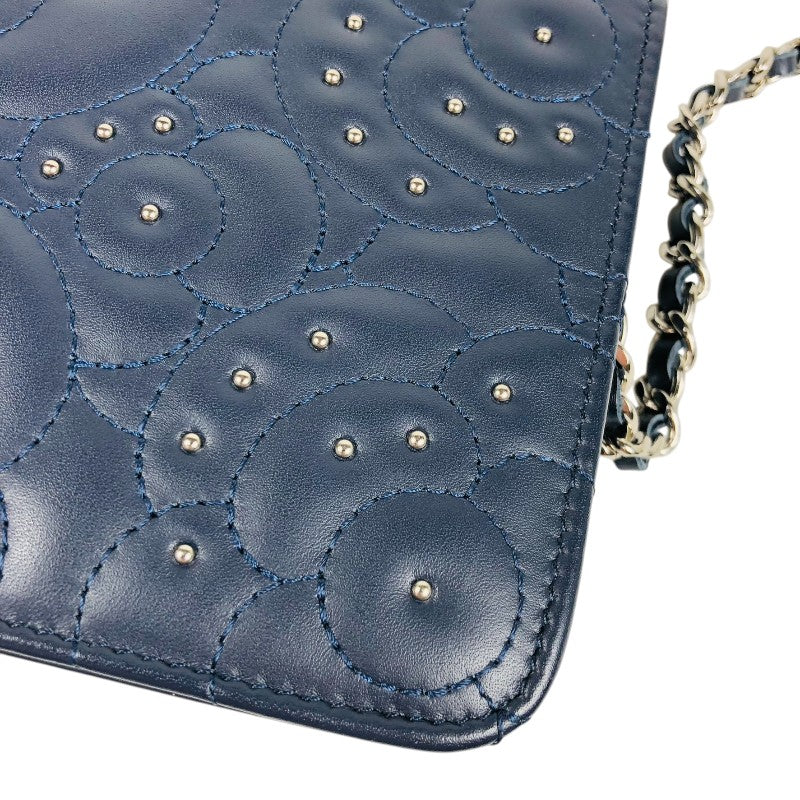 シャネル CHANEL カメリア チェーンウォレット ネイビー シルバー金具 ラムスキン レディース ショルダーバッグ
