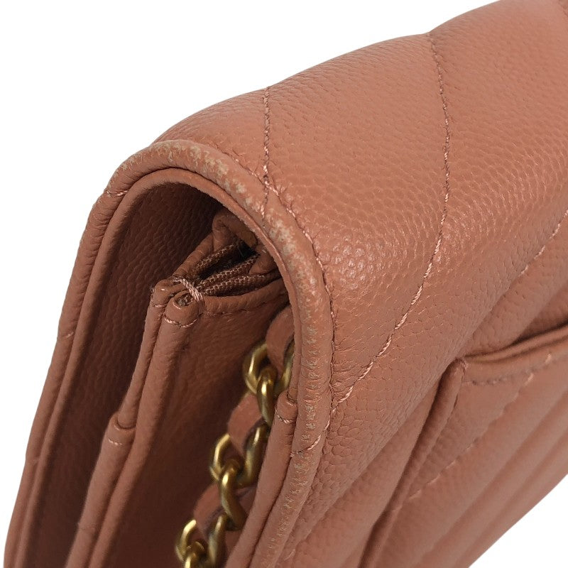 シャネル CHANEL Vステッチ チェーンウォレット A33814 サーモンピンク ゴールド金具 キャビアスキン レディース ショルダーバッグ
