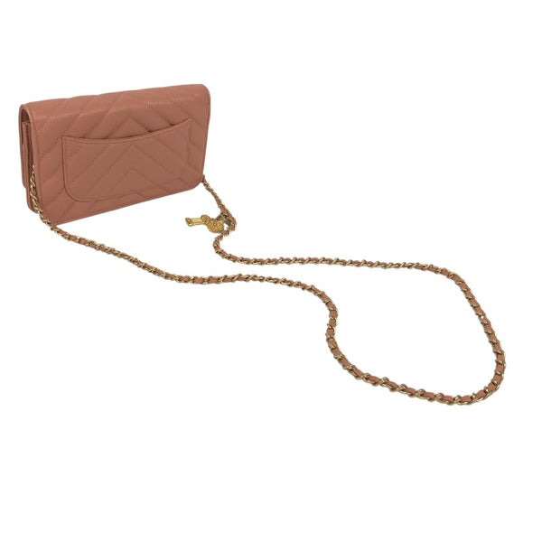 シャネル CHANEL Vステッチ チェーンウォレット A33814 サーモンピンク ゴールド金具 キャビアスキン レディース ショルダーバッグ
