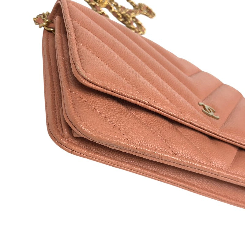 シャネル CHANEL Vステッチ チェーンウォレット A33814 サーモンピンク ゴールド金具 キャビアスキン レディース ショルダーバッグ シャネル CHANEL Vステッチ チェーンウォレット A33814 サーモンピンク