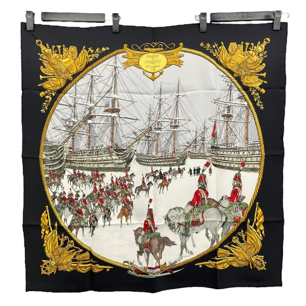 エルメス HERMES カレ90 MARINE ET CAVALERIE ブラック シルク レディース スカーフ