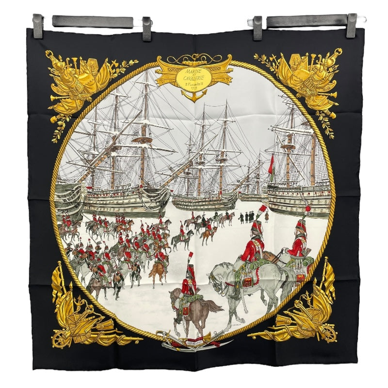 エルメス HERMES カレ90 MARINE ET CAVALERIE ブラック シルク レディース スカーフ