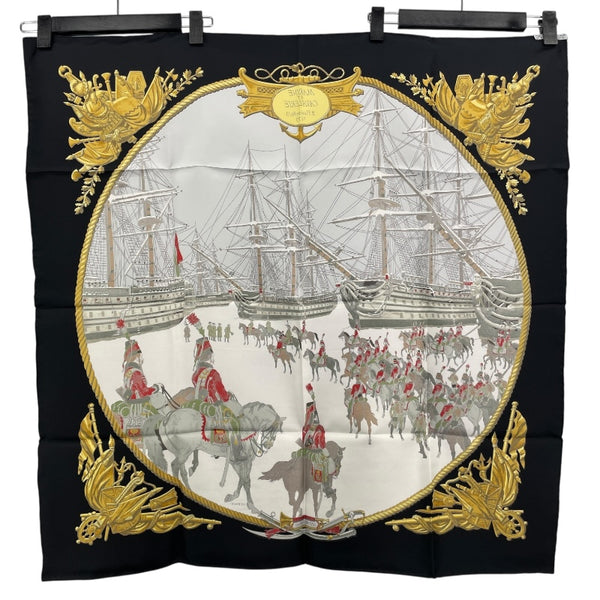 エルメス HERMES カレ90 MARINE ET CAVALERIE ブラック シルク レディース スカーフ