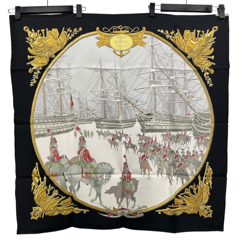 エルメス HERMES カレ90 MARINE ET CAVALERIE ブラック シルク レディース スカーフ