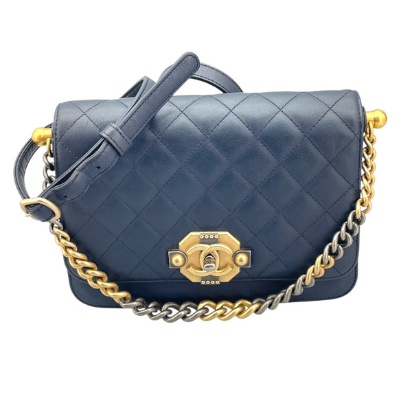 シャネル CHANEL ココマークショルダー ネイビー GD×SV金具 ラム レディース ショルダーバッグ