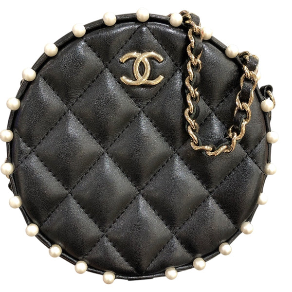シャネル CHANEL ミニラウンドチェーン ブラック/ゴールド金具 ラム･フェイクパール レディース ショルダーバッグ
