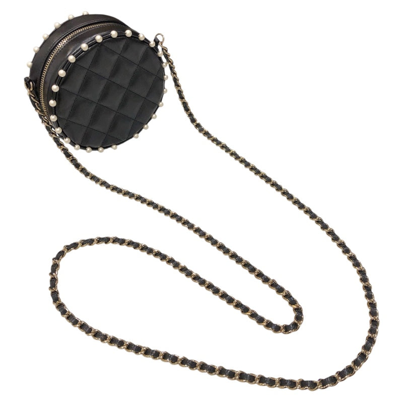 シャネル CHANEL ミニラウンドチェーン ブラック/ゴールド金具 ラム･フェイクパール レディース ショルダーバッグ