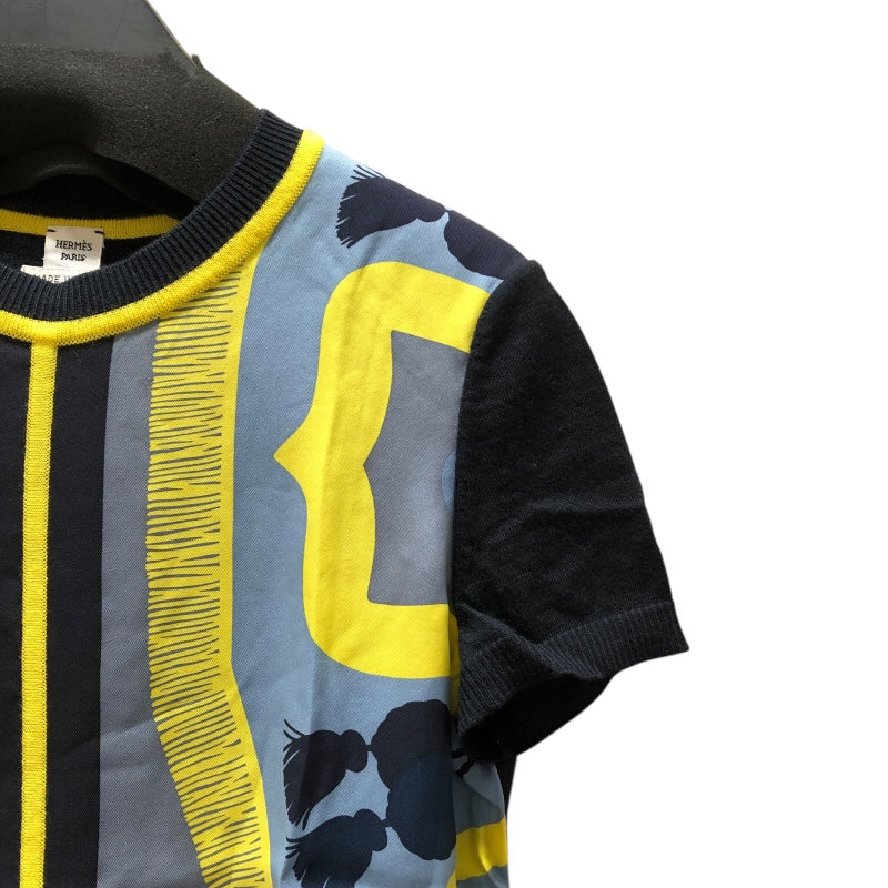 エルメス HERMES シルク切替半袖ニットシャツ カシミヤ レディース 半袖Ｔシャツ