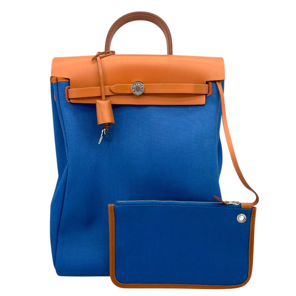 エルメス HERMES エールジップアドPM U刻 ブルー/ブラウン SV金具 トワル/レザー レディース リュック・デイパック