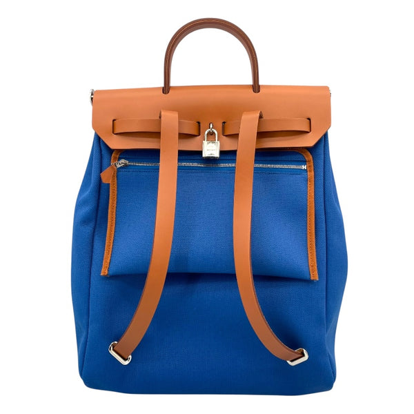 エルメス HERMES エールジップアドPM U刻 ブルー/ブラウン SV金具 トワル/レザー レディース リュック・デイパック
