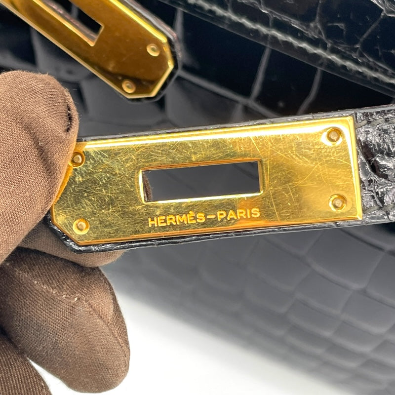 エルメス HERMES ケリー28 外縫い 〇K刻 ブラック GD金具 カイマンクロコ レディース ショルダーバッグ