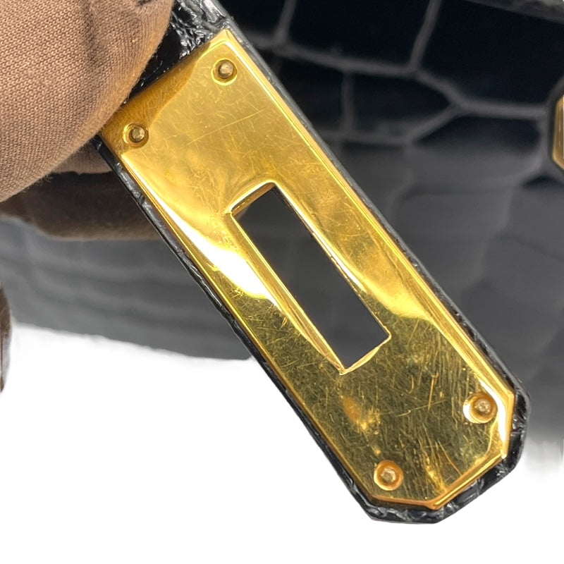 エルメス HERMES ケリー28 外縫い 〇K刻 ブラック GD金具 カイマンクロコ レディース ショルダーバッグ