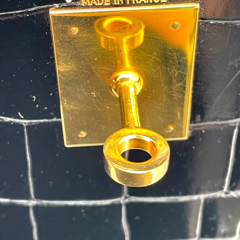 エルメス HERMES ケリー28 外縫い 〇K刻 ブラック GD金具 カイマンクロコ レディース ショルダーバッグ