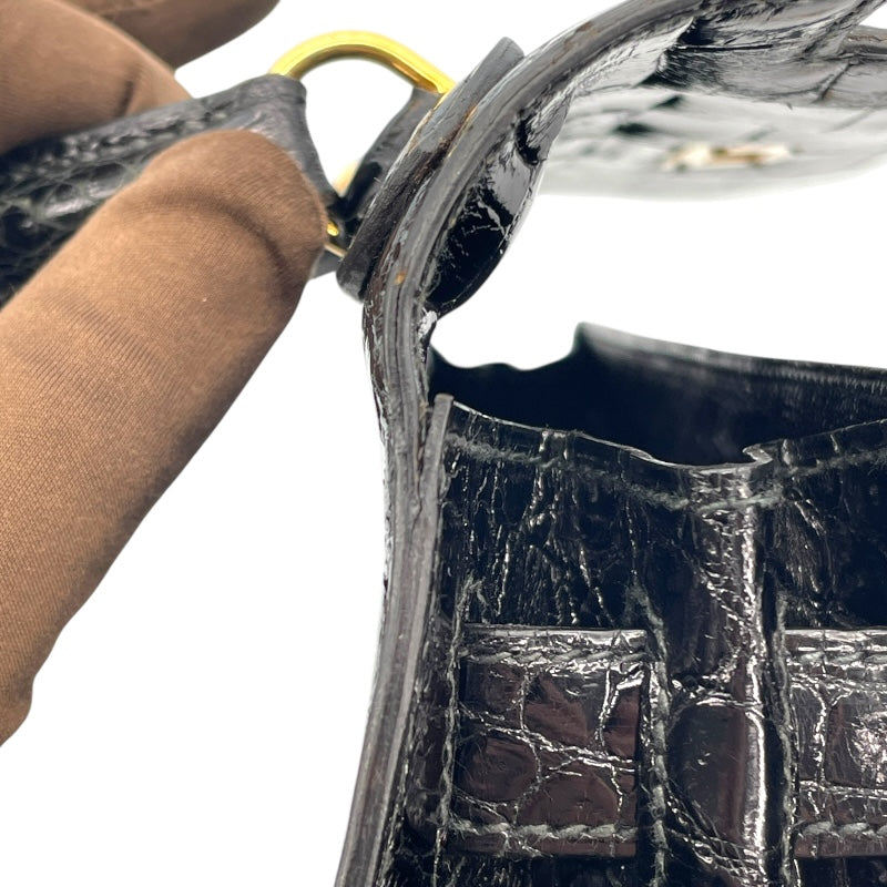 エルメス HERMES ケリー28 外縫い 〇K刻 ブラック GD金具 カイマンクロコ レディース ショルダーバッグ