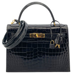 エルメス HERMES ケリー28 外縫い 〇K刻 ブラック GD金具 カイマンクロコ レディース ショルダーバッグ