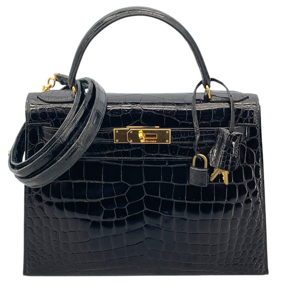 エルメス HERMES ケリー28 外縫い 〇K刻 ブラック GD金具 カイマンクロコ レディース ショルダーバッグ